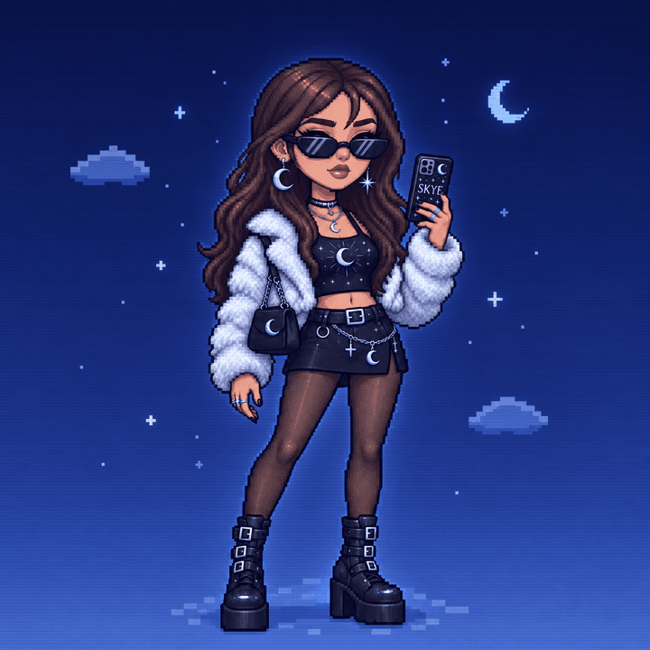 Skye, in sunglasses and a white fur jacket, holding her phone